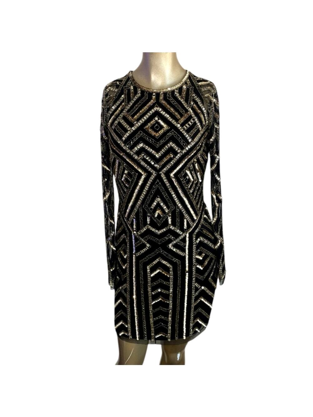 Gianni Bini Geometric Beaded Sequin Dress Black Gold Flapper Gatsby Mini 6
